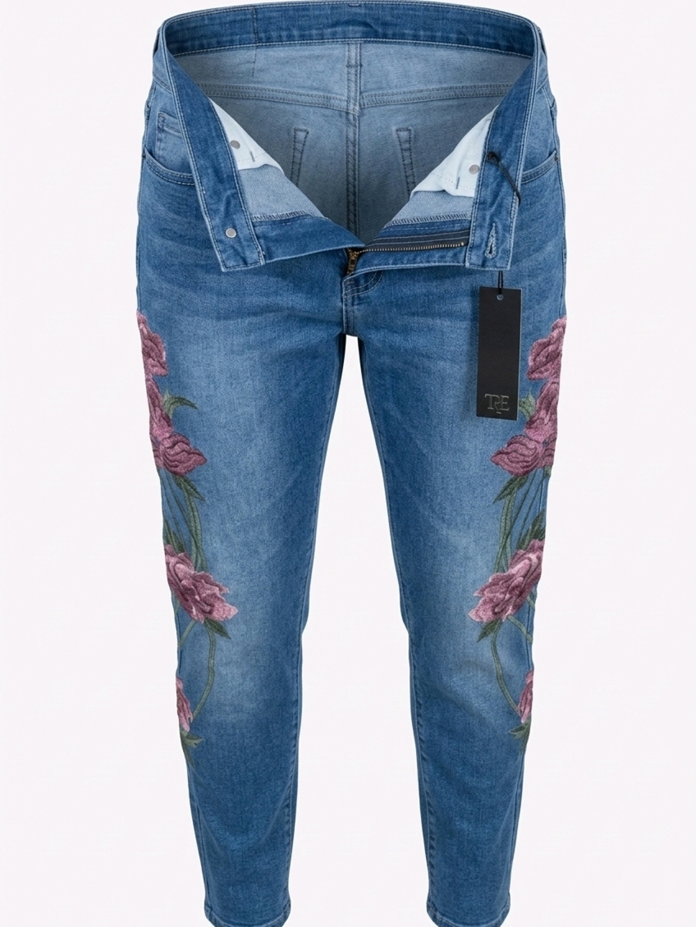 Diane Gilman DH2 Blue Skinny Jeans with Pink Floral Embroidery